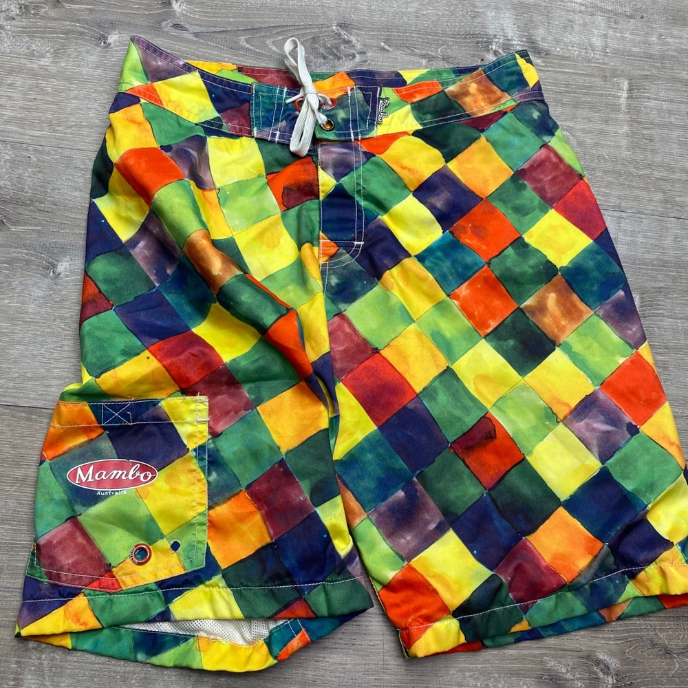Mambo Australia‎ Board Shorts Mens Small Polyester Multicolor Checkerboard Swim